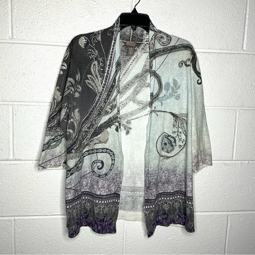 Chico's Open Front Paisley Cardigan in Mint, Gray and Black